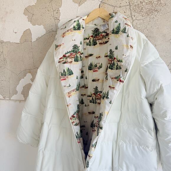 Lands End Down Puffer Coat White Long Maxi Jacket Fleece Lined Cabin Print M Vtg - Picture 4 of 11